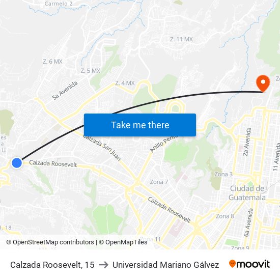 Calzada Roosevelt, 15 to Universidad Mariano Gálvez map