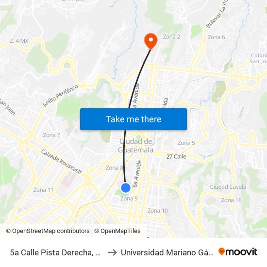 5a Calle Pista Derecha, 3-21 to Universidad Mariano Gálvez map