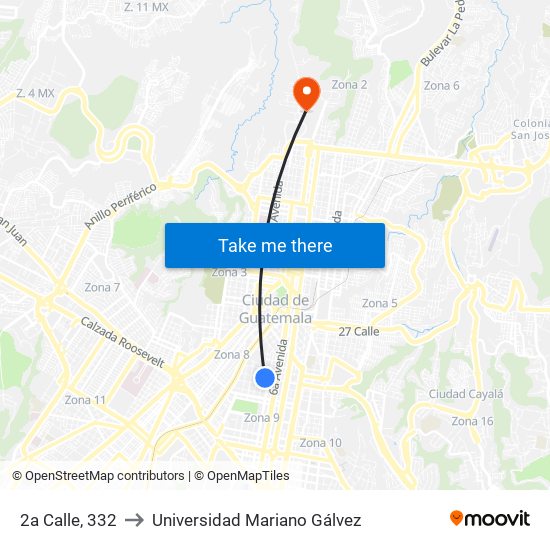 2a Calle, 332 to Universidad Mariano Gálvez map