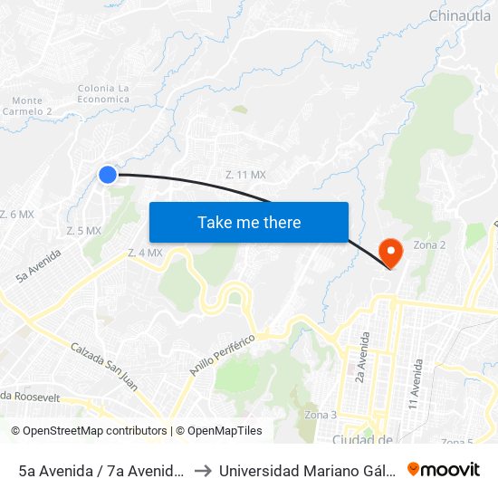5a Avenida / 7a Avenida A to Universidad Mariano Gálvez map
