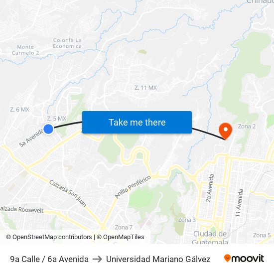 9a Calle / 6a Avenida to Universidad Mariano Gálvez map