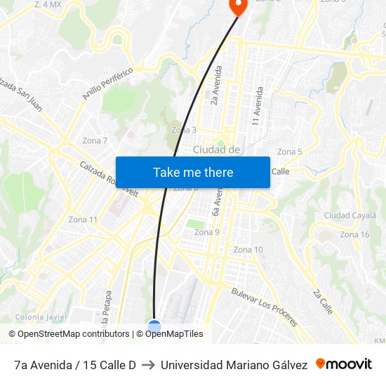 7a Avenida / 15 Calle D to Universidad Mariano Gálvez map