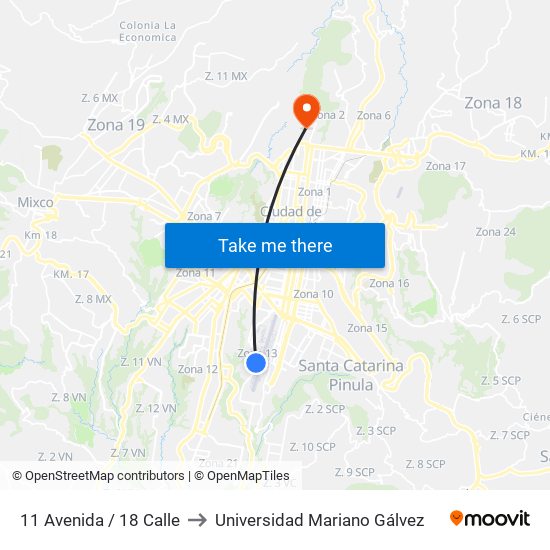 11 Avenida / 18 Calle to Universidad Mariano Gálvez map