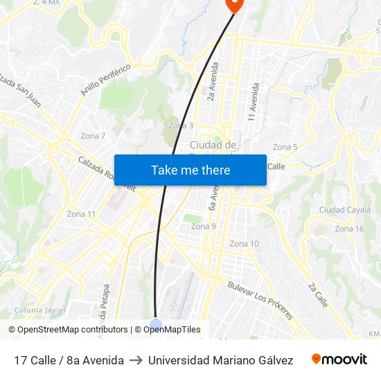 17 Calle / 8a Avenida to Universidad Mariano Gálvez map