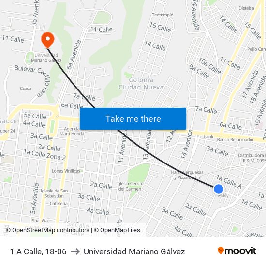 1 A Calle, 18-06 to Universidad Mariano Gálvez map