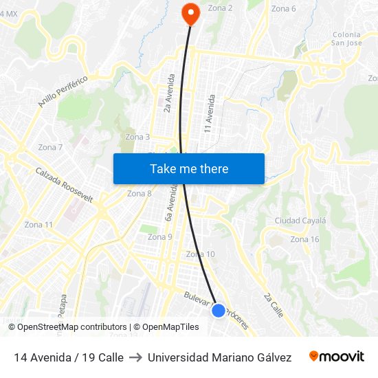 14 Avenida / 19 Calle to Universidad Mariano Gálvez map