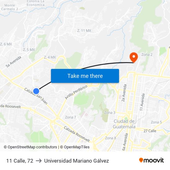 11 Calle, 72 to Universidad Mariano Gálvez map