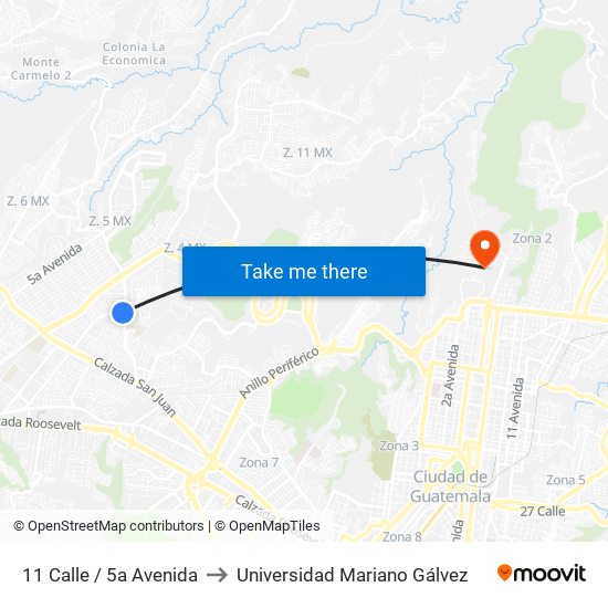 11 Calle / 5a Avenida to Universidad Mariano Gálvez map