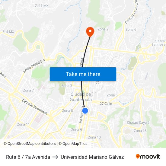 Ruta 6 / 7a Avenida to Universidad Mariano Gálvez map