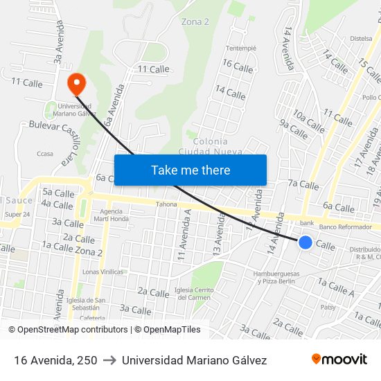 16 Avenida, 250 to Universidad Mariano Gálvez map