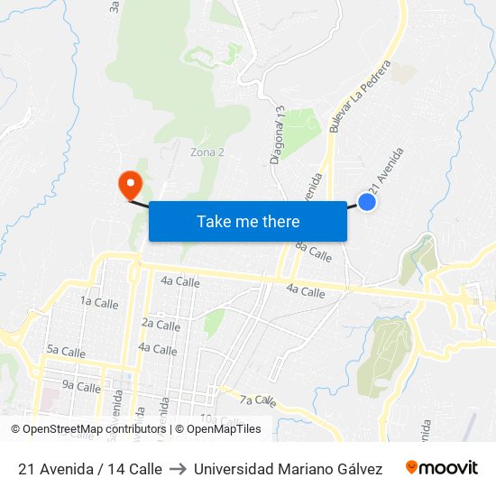 21 Avenida / 14 Calle to Universidad Mariano Gálvez map