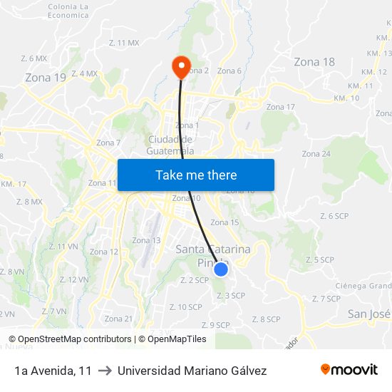 1a Avenida, 11 to Universidad Mariano Gálvez map