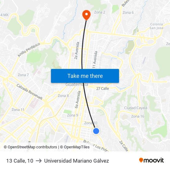13 Calle, 10 to Universidad Mariano Gálvez map