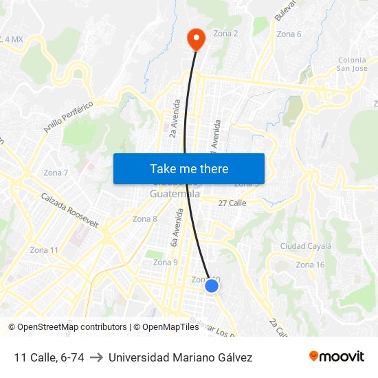 11 Calle, 6-74 to Universidad Mariano Gálvez map