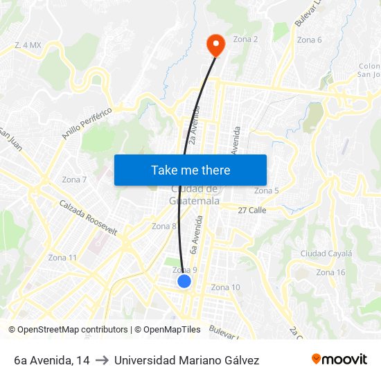 6a Avenida, 14 to Universidad Mariano Gálvez map