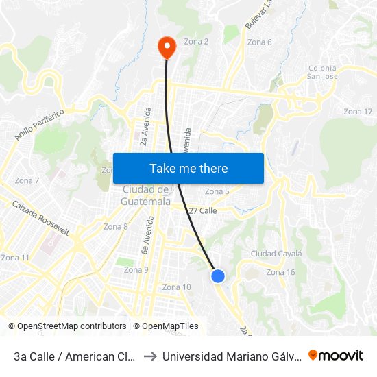3a Calle / American Club to Universidad Mariano Gálvez map