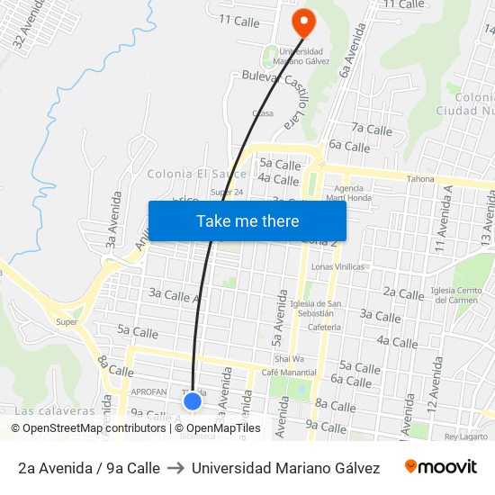 2a Avenida / 9a Calle to Universidad Mariano Gálvez map