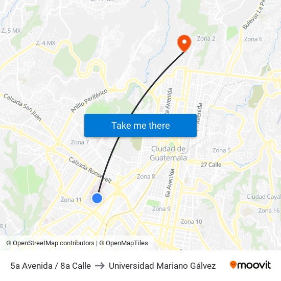 5a Avenida / 8a Calle to Universidad Mariano Gálvez map