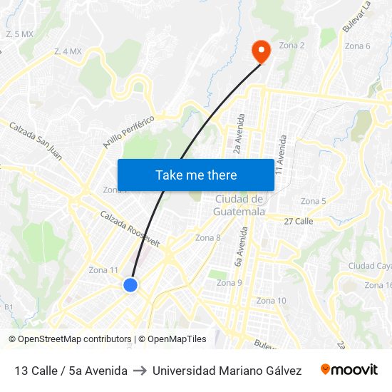 13 Calle / 5a Avenida to Universidad Mariano Gálvez map