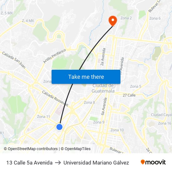 13 Calle 5a Avenida to Universidad Mariano Gálvez map