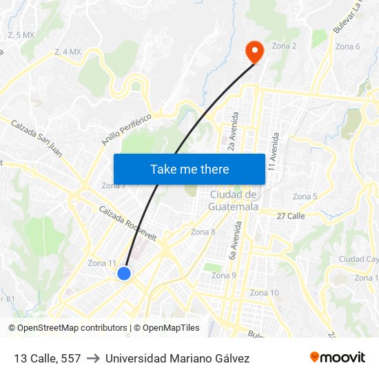 13 Calle, 557 to Universidad Mariano Gálvez map