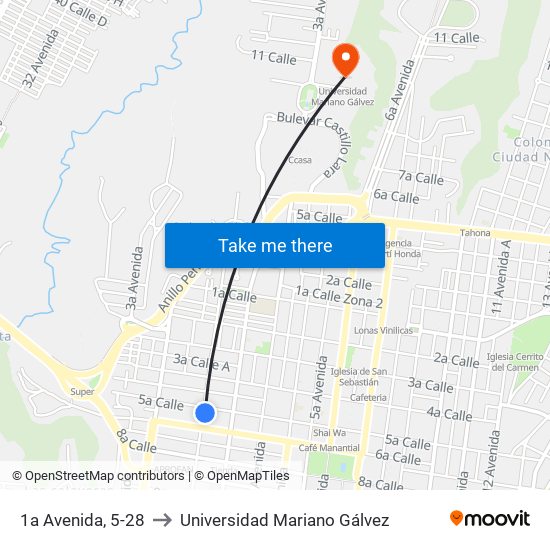 1a Avenida, 5-28 to Universidad Mariano Gálvez map