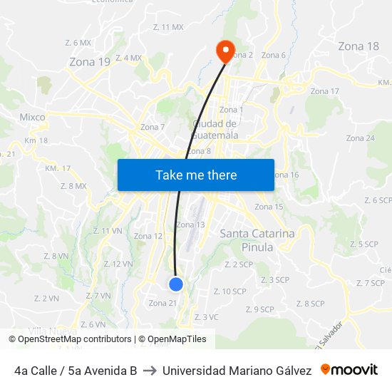 4a Calle / 5a Avenida B to Universidad Mariano Gálvez map