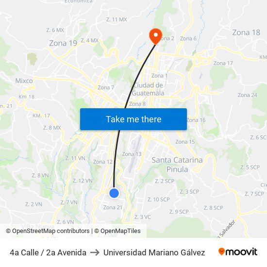 4a Calle / 2a Avenida to Universidad Mariano Gálvez map
