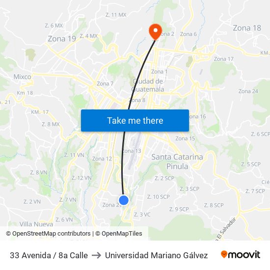 33 Avenida / 8a Calle to Universidad Mariano Gálvez map