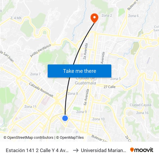 Estación 141 2 Calle Y 4 Avenida Z. 13 to Universidad Mariano Gálvez map