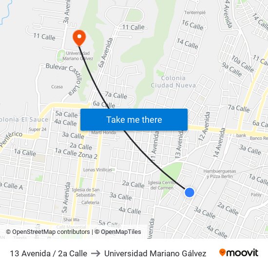 13 Avenida / 2a Calle to Universidad Mariano Gálvez map