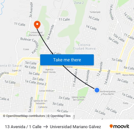 13 Avenida / 1 Calle to Universidad Mariano Gálvez map