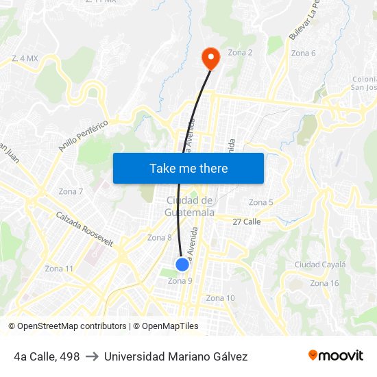 4a Calle, 498 to Universidad Mariano Gálvez map
