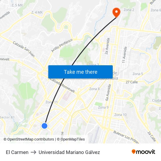 El Carmen to Universidad Mariano Gálvez map