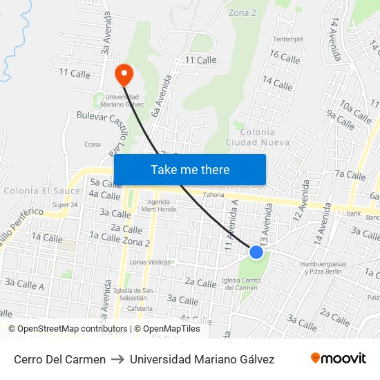 Cerro Del Carmen to Universidad Mariano Gálvez map