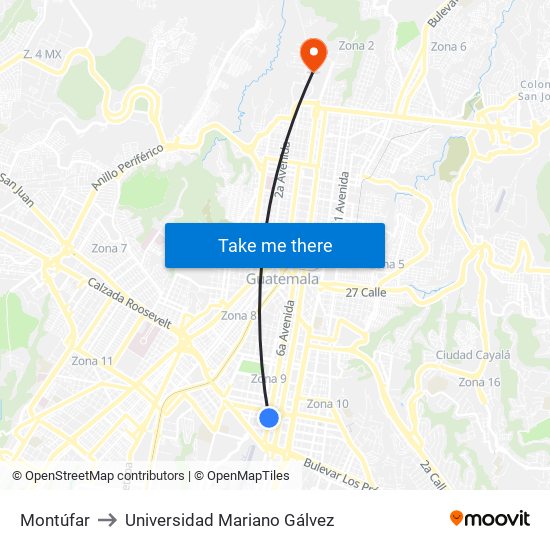 Montúfar to Universidad Mariano Gálvez map