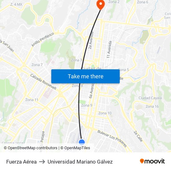 Fuerza Aérea to Universidad Mariano Gálvez map