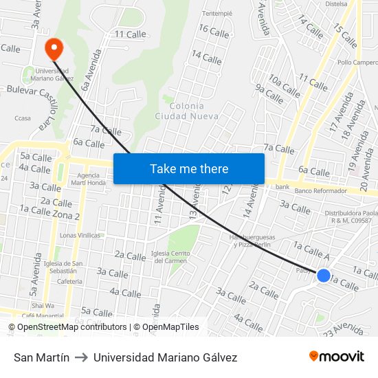 San Martín to Universidad Mariano Gálvez map