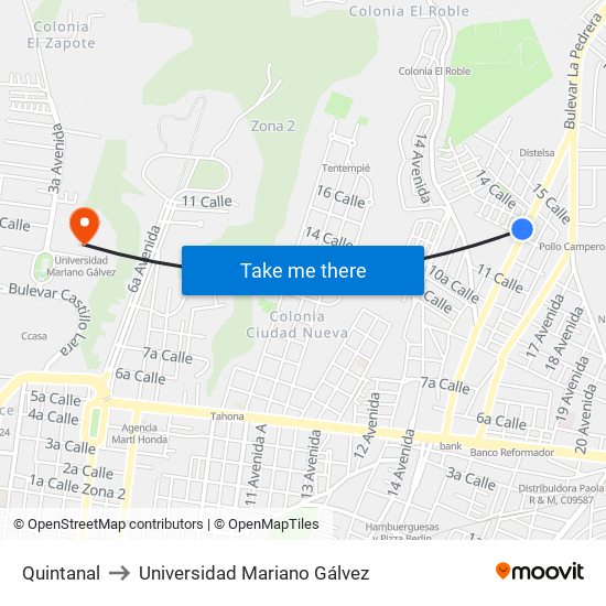 Quintanal to Universidad Mariano Gálvez map