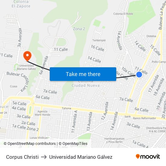 Corpus Christi to Universidad Mariano Gálvez map