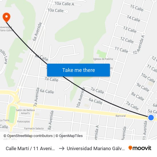 Calle Martí / 11 Avenida to Universidad Mariano Gálvez map