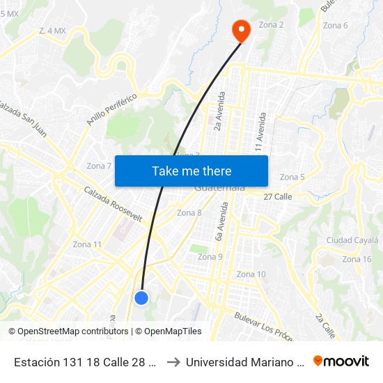 Estación 131 18 Calle 28 Avenida to Universidad Mariano Gálvez map