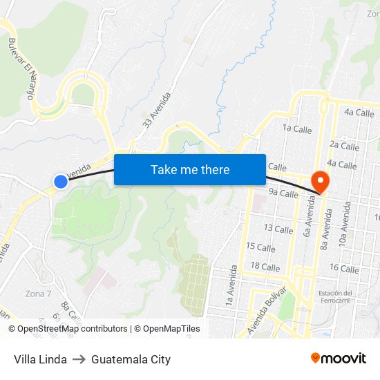 Villa Linda to Guatemala City map