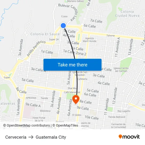 Cervecería to Guatemala City map