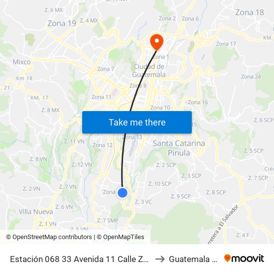 Estación 068 33 Avenida 11 Calle Zona 21 to Guatemala City map