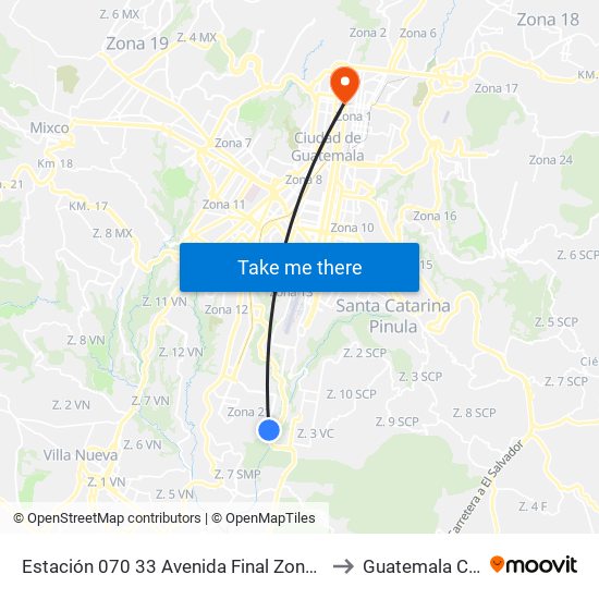 Estación 070 33 Avenida Final Zona 21 to Guatemala City map