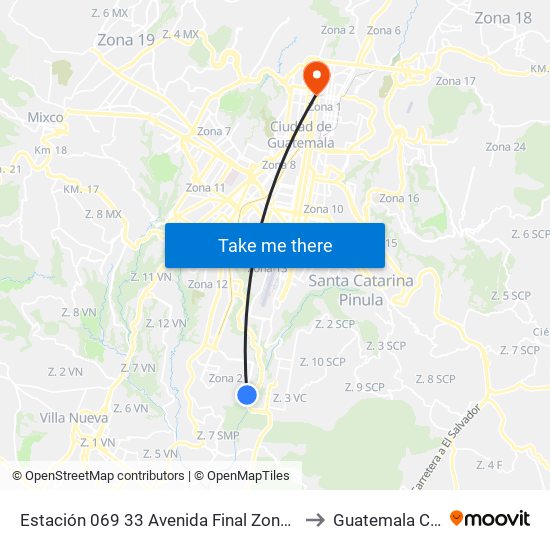 Estación 069 33 Avenida Final Zona 21 to Guatemala City map