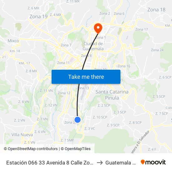 Estación 066 33 Avenida 8 Calle Zona 21 to Guatemala City map