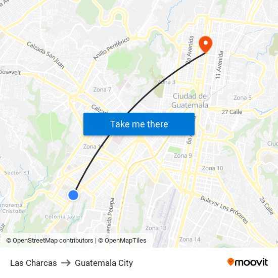 Las Charcas to Guatemala City map