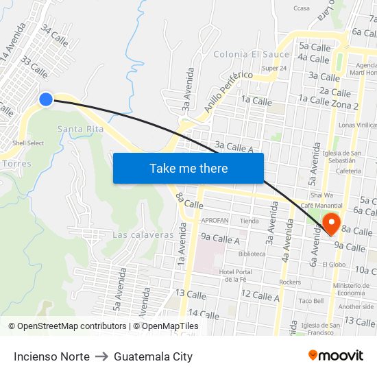 Incienso Norte to Guatemala City map